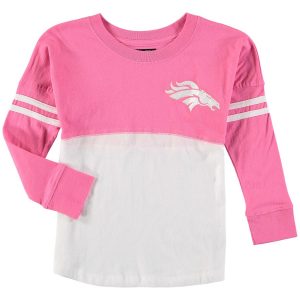Denver Broncos 5th & Ocean by New Era Girls Youth Varsity Crew Long Sleeve T-Shirt – White/Pink